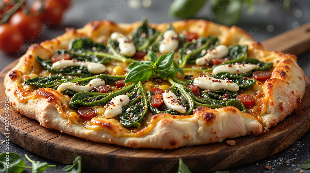 Spinach and ricotta pizza on wooden board Spinach and ricotta pizza on wooden board