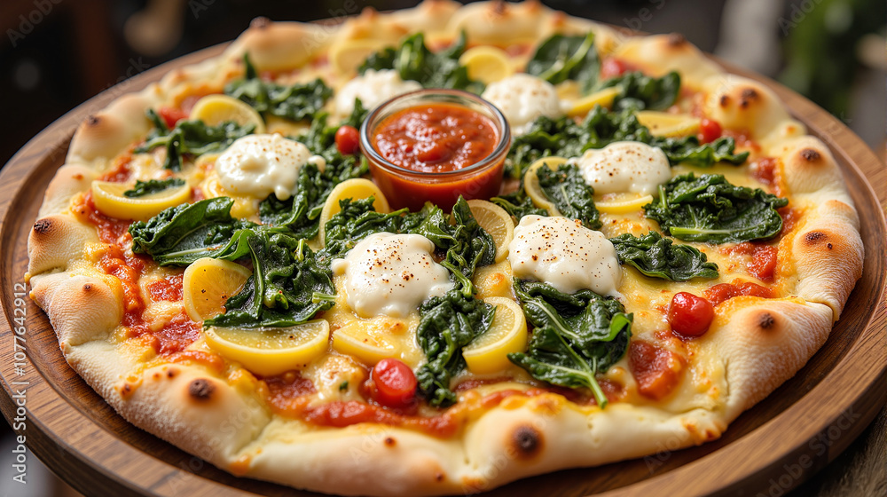 Spinach and ricotta pizza with lemon and poached eggs Spinach and ricotta pizza with lemon and poached eggs