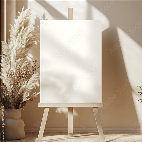 mockup of a large vertical blank white poster on a light wood easel boho pampas grass greenery and neutral colors bouquet on corner of sign photo realistic photo