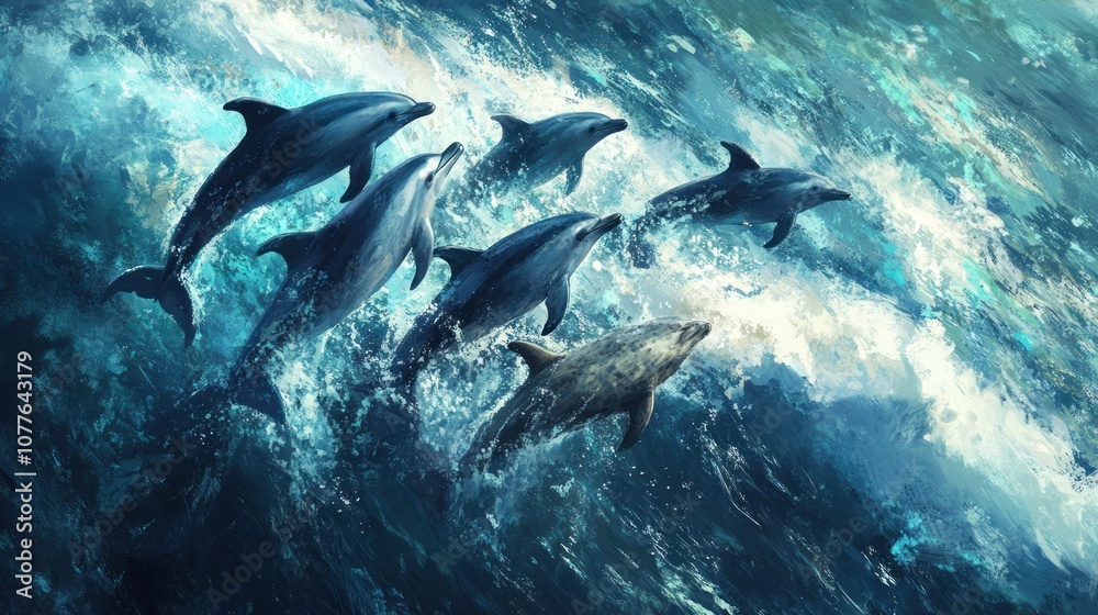 Obraz premium Dolphins Leaping Through Waves