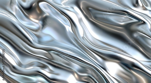 A fluid, metallic surface with smooth, wavy patterns reflecting light.