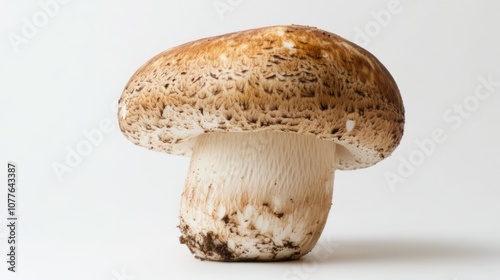 A Single Brown Cap Mushroom on a White Background