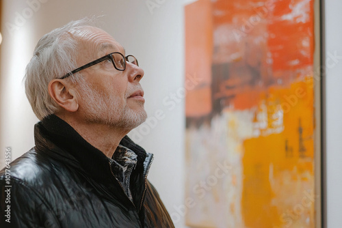 an art collector admiring a modern painting in a gallery. photo