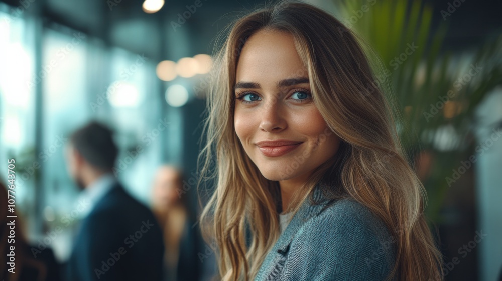 Stylish Young Woman Smiling in a Modern Office Environment