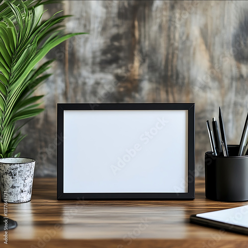 small sized horizontal blank postcard mockup with black frame standing horizontal on a desk in wooden office studio horizontal