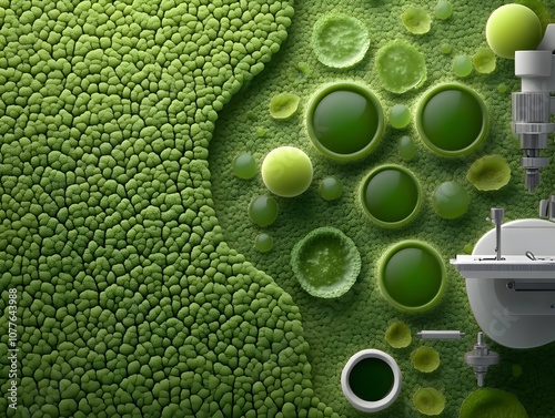 Vibrant photomicrograph showcasing the intricate details and complex internal structures of lipid rich microalgae cells