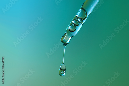 Clear glass pipette with a drop of cosmetic product falling down.  photo