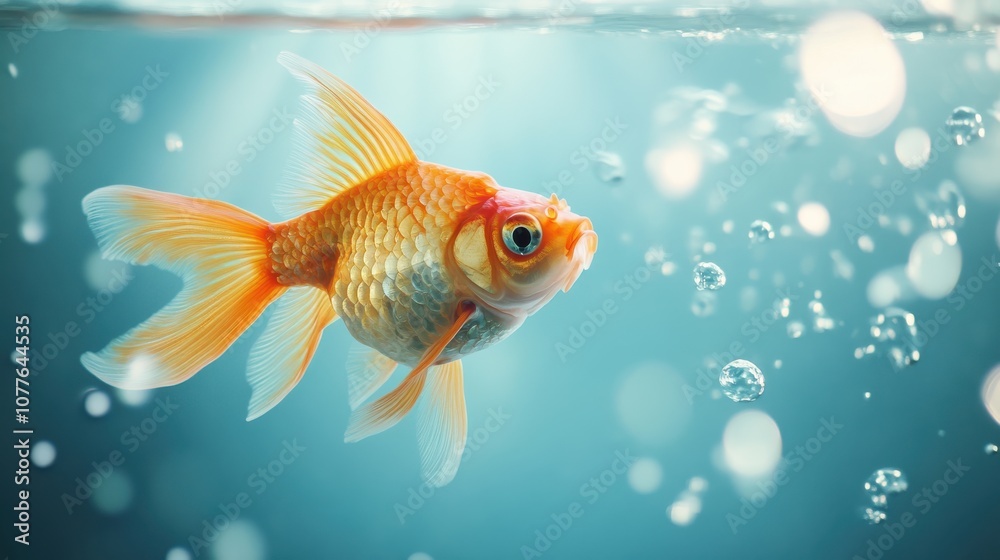 A single goldfish swims through clear, blue water, surrounded by bubbles. The fish's scales shimmer in the sunlight, creating a sense of serenity. A single goldfish swims through clear, blue water, surrounded by bubbles. The fish's scales shimmer in the sunlight, creating a sense of serenity.