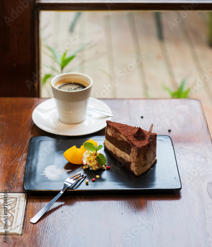 Tiramisu Coffee Dessert Wooden Table Cafe photo