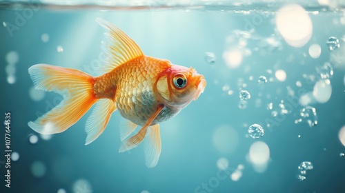 A single goldfish swims through clear, blue water, surrounded by bubbles. The fish's scales shimmer in the sunlight, creating a sense of serenity.