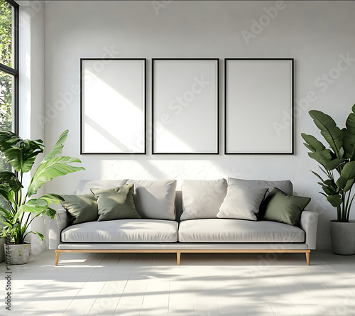 Three posters 57 ratio on the wall of an apartment living room modern and minimalistic with a gray sofa white walls and a window that lets in natural light A green p
