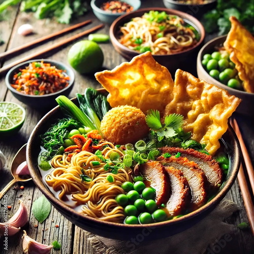 create virtual picture of food noodles colorful and delicious cooked, with idea restaurant concept.