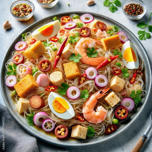 create virtual image of seafood salad menu with spicy taste, homemade food idea concept.