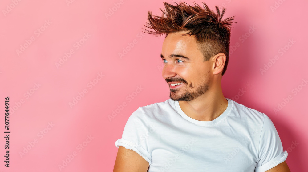 Fototapeta premium A stylish man with blue eyes in a white tee poses confidently against a pink backdrop, exuding a relaxed vibe.