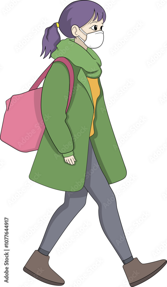 Young Woman Walking with Face Mask in Green Coat and Pink Bag Emphasizing Health and Safety Precautions Young Woman Walking with Face Mask in Green Coat and Pink Bag Emphasizing Health and Safety Precautions