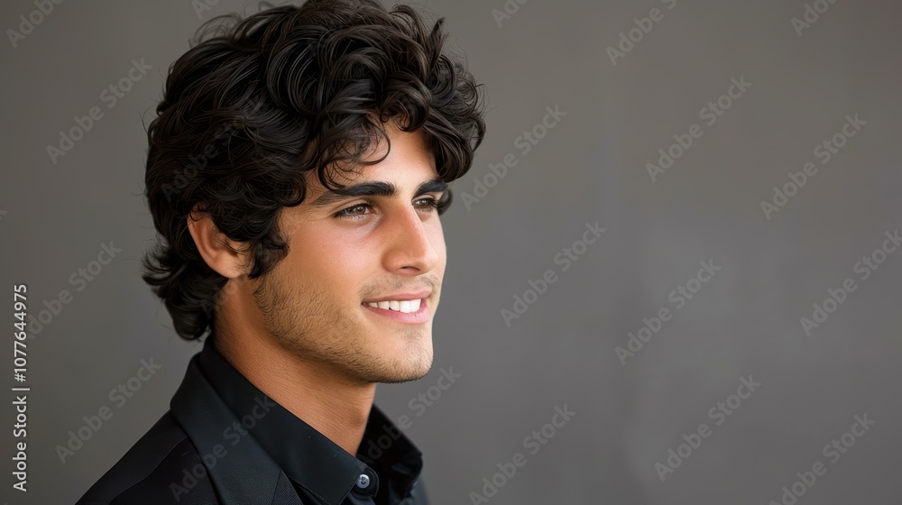 Obraz premium Striking profile of a young man radiating charm, showcasing a confident smile against a sleek grey backdrop.