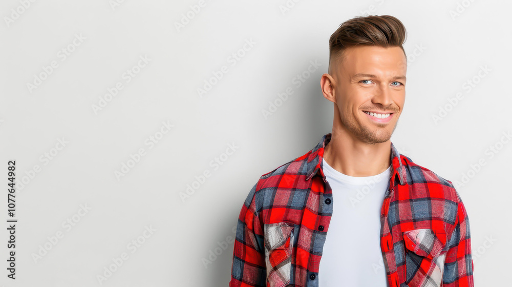 A charming young man with dark hair smiles softly in a plaid shirt against a light gray backdrop. A charming young man with dark hair smiles softly in a plaid shirt against a light gray backdrop.