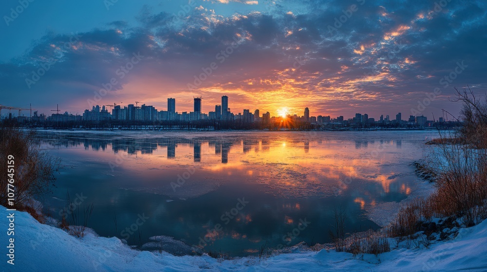 Fototapeta premium A city skyline is reflected in the calm waters of a river at sunrise, with a golden glow illuminating the sky.