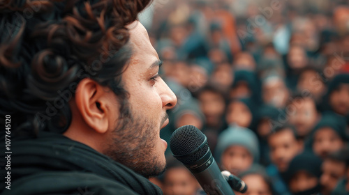 A man gives an impactful outdoor speech to an enthusiastic crowd of party supporters, uniting them with powerful words. photo