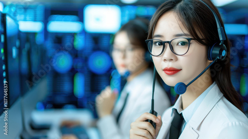 Young female tech support agent efficiently assisting clients, equipped with a handsfree device in a busy call center. photo