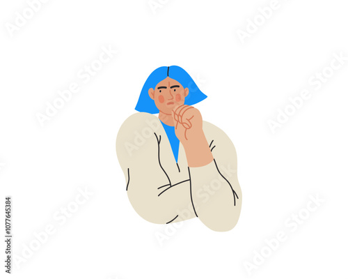 Thinking people, modern flat vector concept illustration- woman standing thoughtfully, looking sideways. Metaphor for reflection, analysis, introspection, contemplation, deep thought