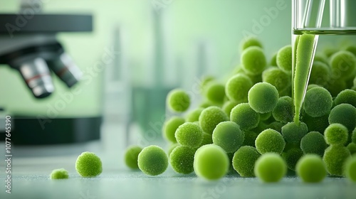 Closeup micrograph of Nannochloropsis oculata a single celled marine microalgae with a dense cluster of spherical green cells intricate chloroplast structures and delicate cell membranes photo