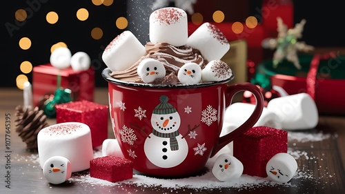 a festive red mug adorned with a cheerful snowman design and delicate white snowflakes for christmas created with generative ai photo