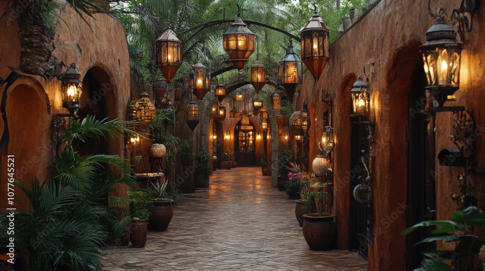Fototapeta premium Charming Lantern-Lit Pathway in a Lush Garden Oasis