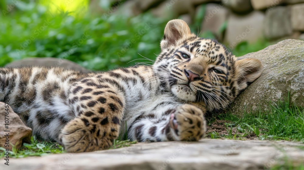 A young leopard cub rests peacefully on a bed of green grass with a soft, relaxed expression. A young leopard cub rests peacefully on a bed of green grass with a soft, relaxed expression.