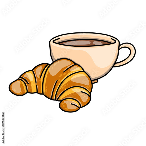 Hot black coffee in a cup and fresh croissant for coffee time