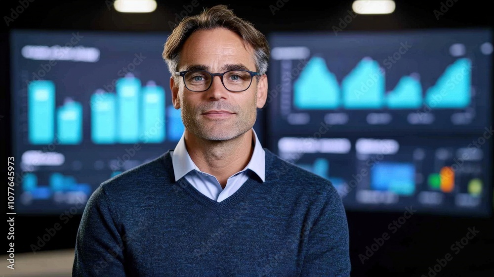Fototapeta premium Confident Businessman in Front of Data Analytics Display
