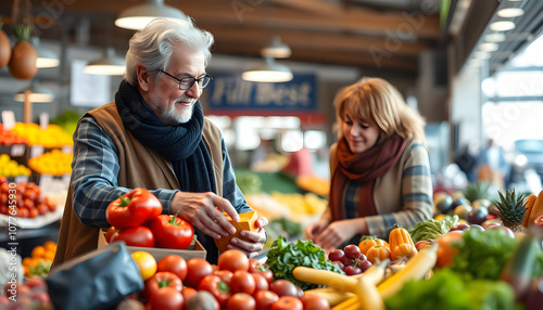 Only the best fruits and vegetables. Beautiful mature couple buying fresh food on market isolated with white highlights, png photo