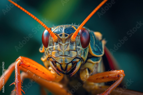 Close-up of a vibrant, colorful locust with detailed textures and striking orange antennas against a softly blurred green background.