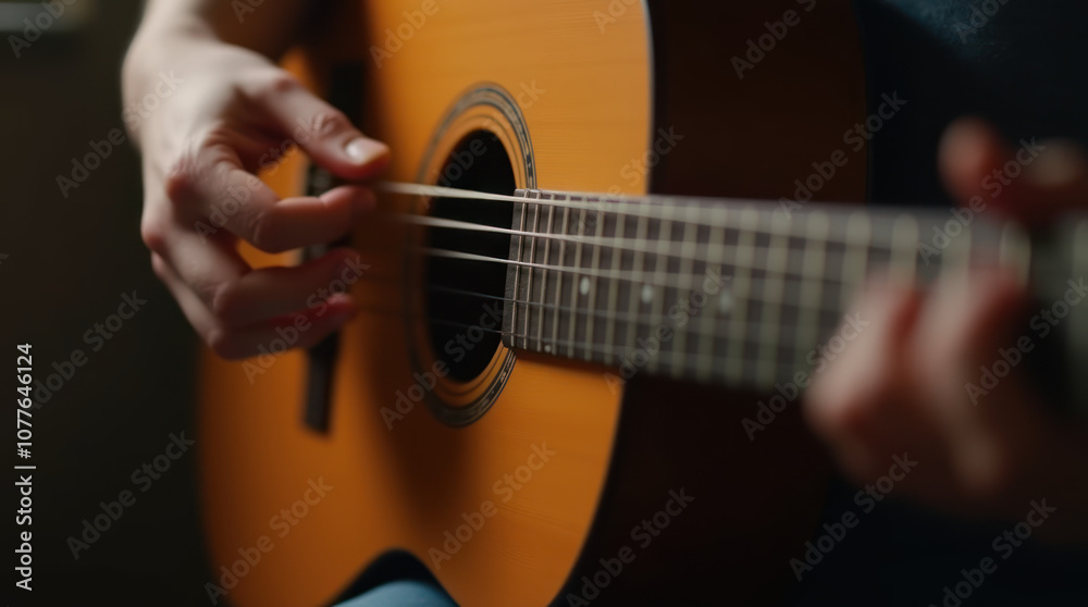 Fototapeta premium Close-up of Hands Skillfully Playing an Acoustic Guitar Indoors in Soft Light