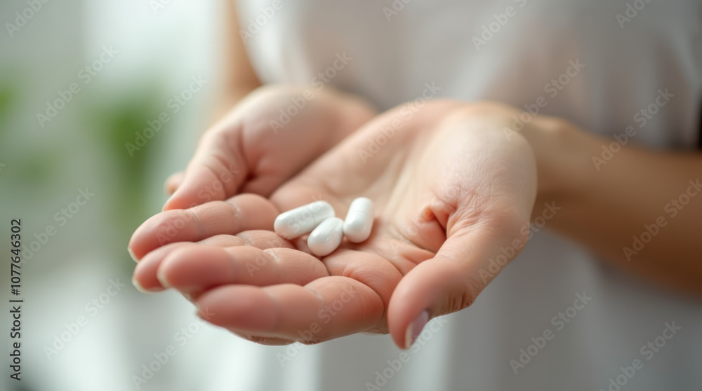 Close-up of an Open Hand Holding White Capsules Against a Soft Background Close-up of an Open Hand Holding White Capsules Against a Soft Background