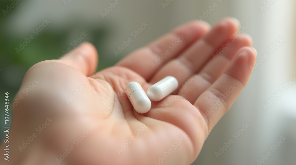 A Close-Up View of an Open Hand Holding Two White Capsules in Soft Light A Close-Up View of an Open Hand Holding Two White Capsules in Soft Light
