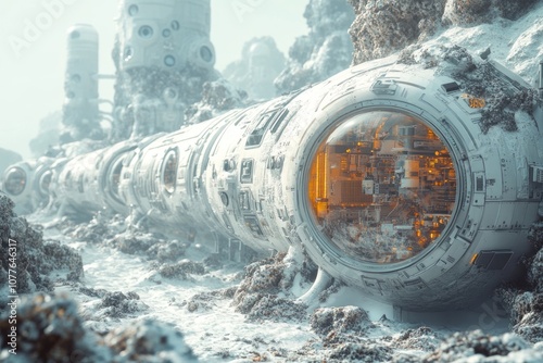 A futuristic, cylindrical spacecraft sits on a desolate, snowy planet.