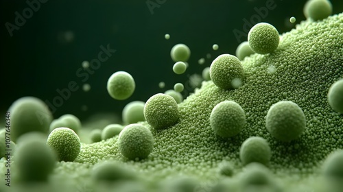 High magnification view of the robust green algae species Chlorococcum infusionum a promising candidate for biofuel production showcasing its dense cellular colonies intricate organelle structures photo