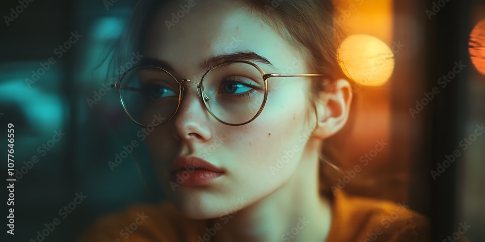 Woman with round glasses in bokeh lights looking away Woman with round glasses in bokeh lights looking away