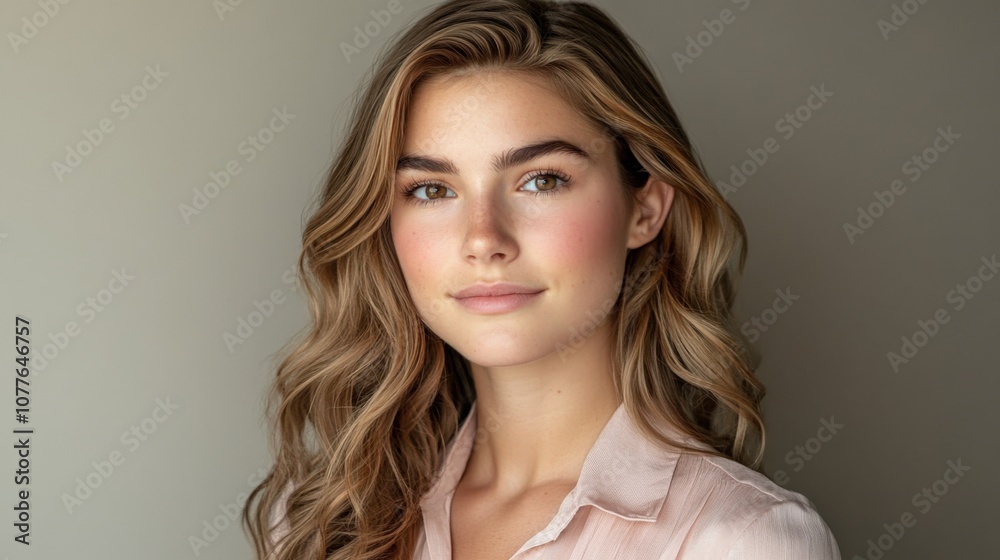 Naklejka premium Elegant Portrait of a Young Woman with Wavy Hair and Natural Beauty