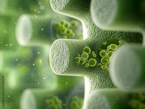 Microscopic examination of intricate cellular structures and dynamic internal organelles of vibrant emerald green unicellular algae utilized in biofuel bioprocessing photo