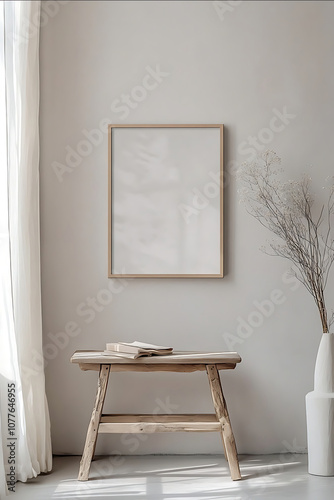 Horizontal artwork with a 32 ratio featuring a very thin raw wooden frame The setting is a minimalist and clean environment with no additional decoration enhancing t photo