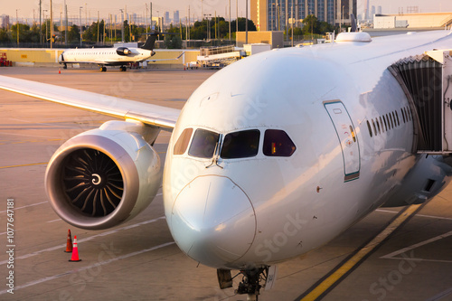 Cockpit of a modern jet airplane on tarmac of the airport lit with sunset sun rays. Close-up with widows of the crew cabin and jet engine suspended on the plane's wing