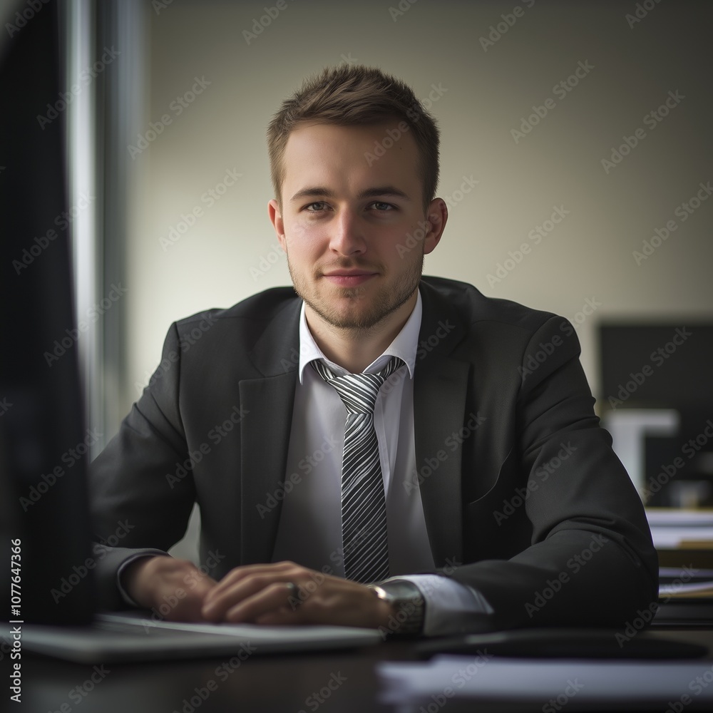 A businessman in a suit sitting at a desk, focused on work tasks in a brightly lit office setting. A businessman in a suit sitting at a desk, focused on work tasks in a brightly lit office setting.