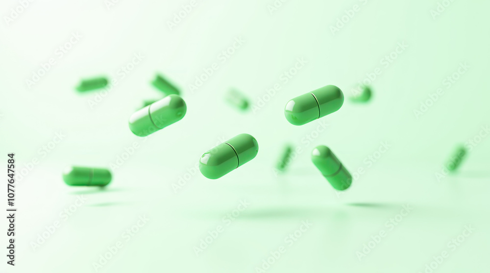 Green Capsules Floating in Mid-Air on a White Background Green Capsules Floating in Mid-Air on a White Background