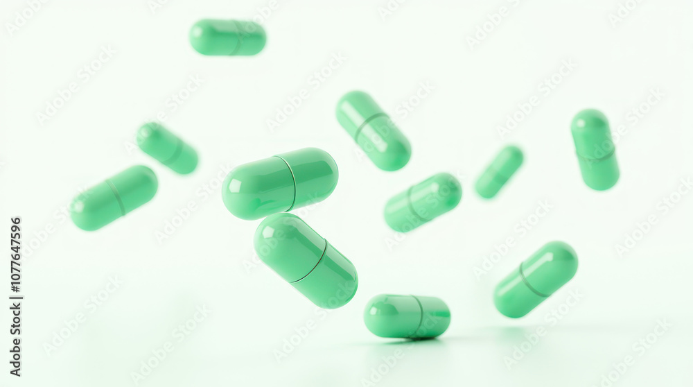 Bright Green Capsules Floating Gracefully in Mid-Air Against a White Background Bright Green Capsules Floating Gracefully in Mid-Air Against a White Background
