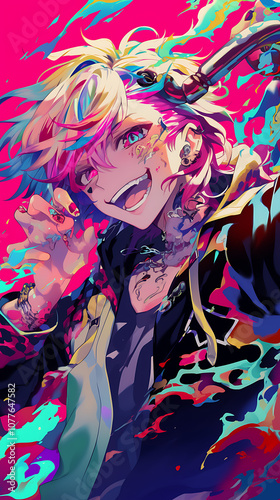 handsome anime boy in psychedelic background