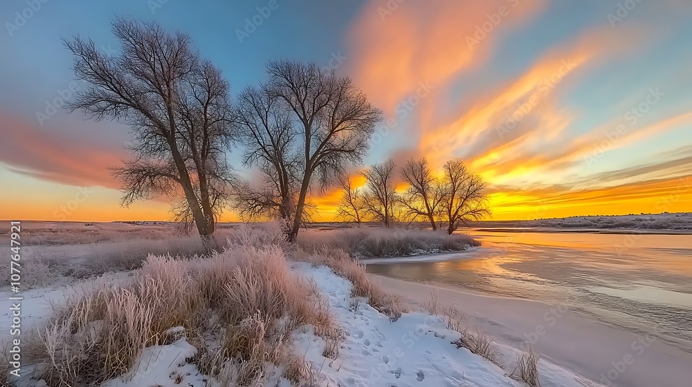 Bare Trees Silhouetted Against a Dramatic Sunset Over a Snowy Riverbank Bare Trees Silhouetted Against a Dramatic Sunset Over a Snowy Riverbank