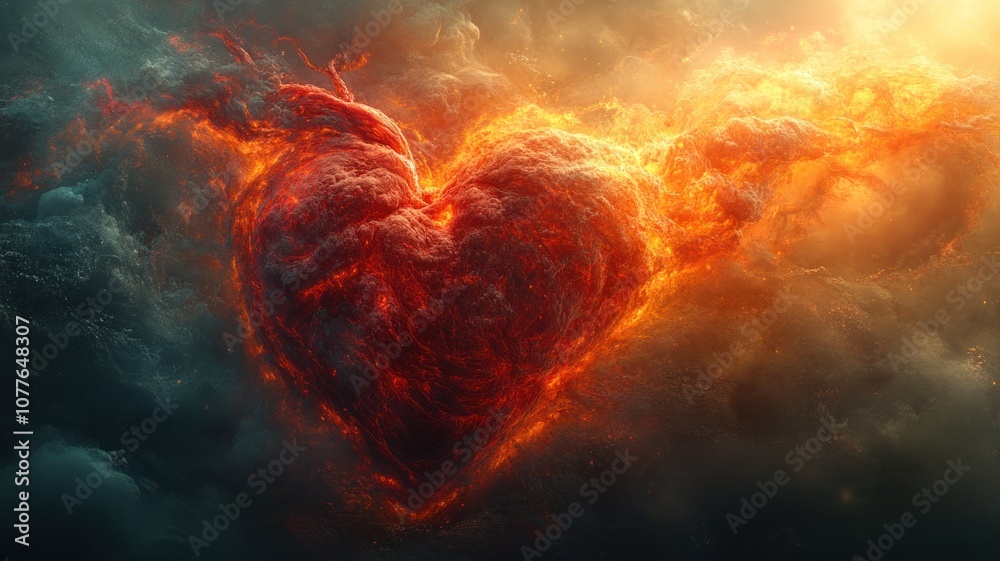A fiery heart shape composed of swirling clouds and light. A fiery heart shape composed of swirling clouds and light.