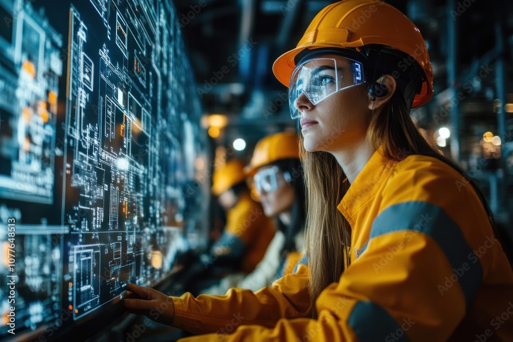 A female engineer in a hard hat and safety glasses looks intently at a large screen in a control room, monitoring operations. A female engineer in a hard hat and safety glasses looks intently at a large screen in a control room, monitoring operations.